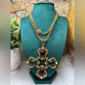 Gold and Green Ornate Cross Necklace